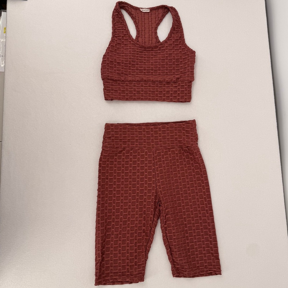 Fire & Fleur Terracotta Honeycomb Scrunch Butt Biker Shorts & Sports Bra Set M
